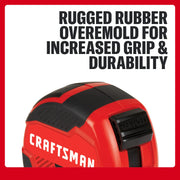Photo of CRAFTSMAN tape measure CMHT37575S with rugged red and black rubber overmold for grip and durability.