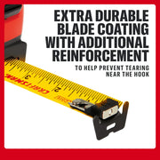 Photo of Craftsman yellow tape measure with reinforced hook, SKU CMHT37665S, graphics category, angled close-up.