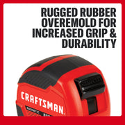 Photo of Craftsman tape measure CMHT37665S, red and black, magnetic hook feature, angled view.