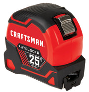 Photo of Craftsman 25-ft autolock tape measure, SKU CMHT37765S, red and black, angled view on white background.