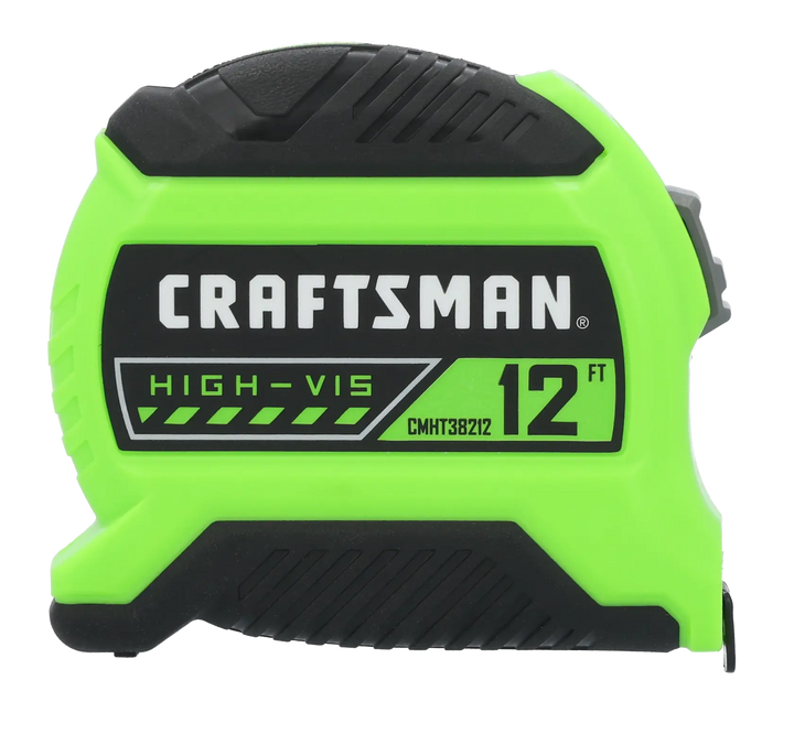 A green and black Craftsman High-Vis 12-foot tape measure, model CMHT38212, shown against a white background.