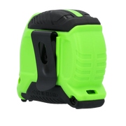 A close-up photo of a green and black tape measure with a metal belt clip, shown on a white background.