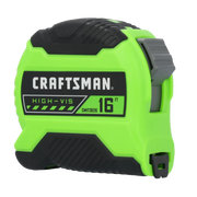 A high-visibility green and black Craftsman tape measure with a gray locking button, marked for 16 feet.