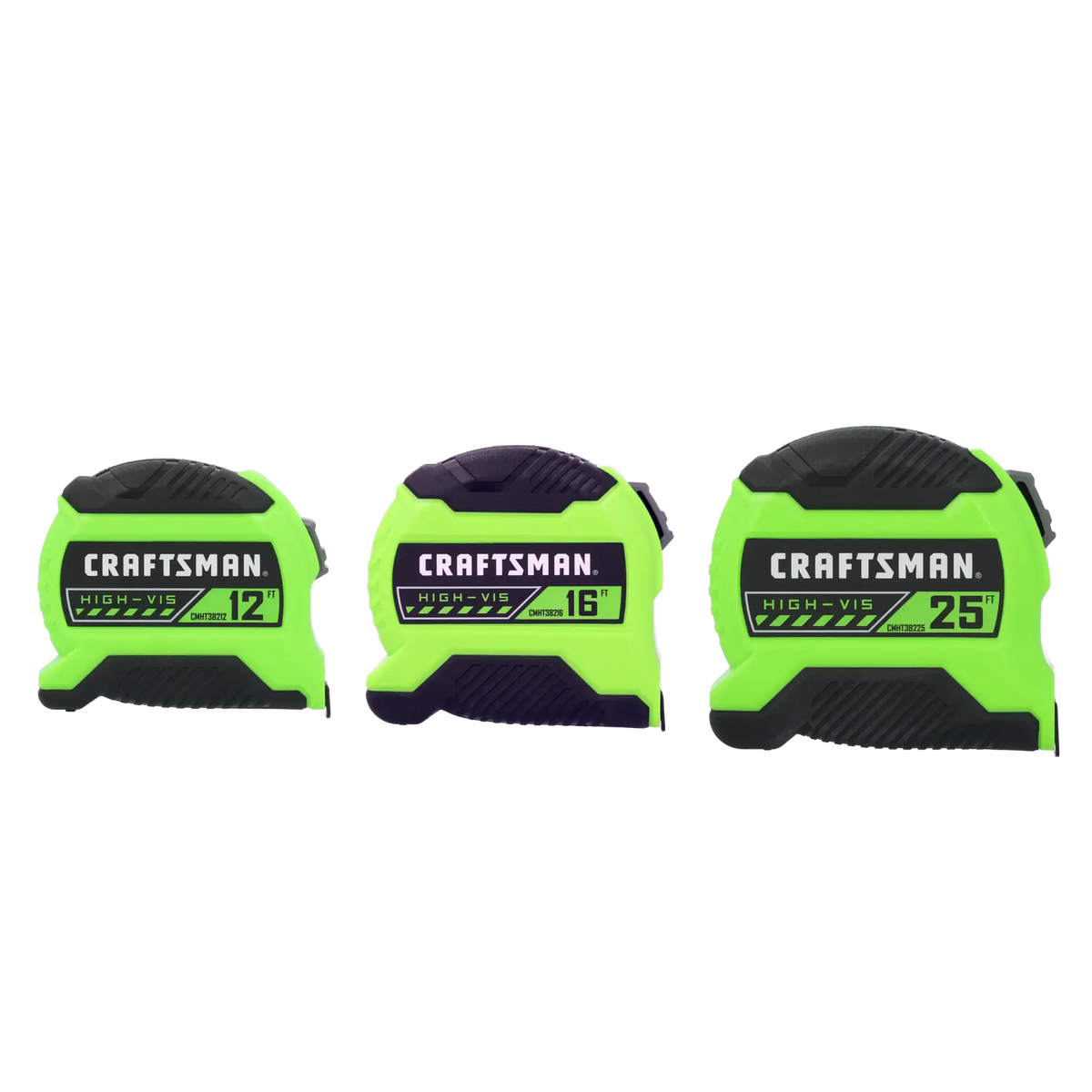 Photo of three Craftsman high-vis tape measures, CMHT38333S, in 12, 16, and 25 inch sizes, front angle.