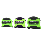 Photo of three Craftsman high-vis tape measures, CMHT38333S, in 12, 16, and 25 inch sizes, front angle.