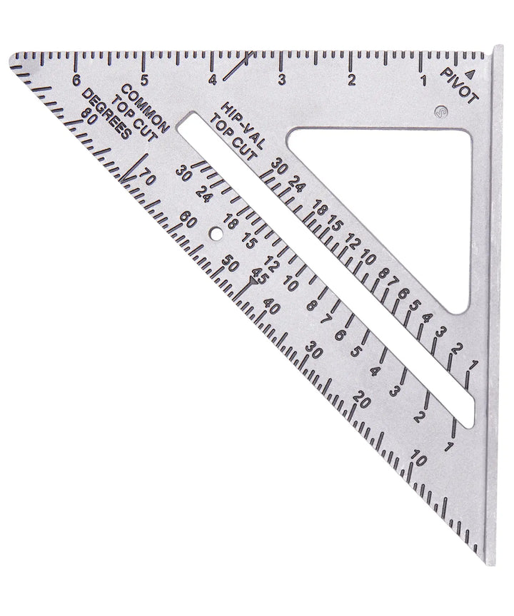 Photo of CRAFTSMAN CMHT42790 steel rafter square with etched measurement markings, angled on white background.