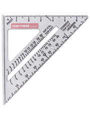 Photo of a Craftsman CMHT42790 aluminum rafter square, silver color, with black measurement markings, angled on white background.