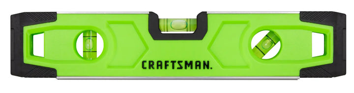 Front view of Craftsman green level tool CMHT43191G with three bubble vials and black end caps.