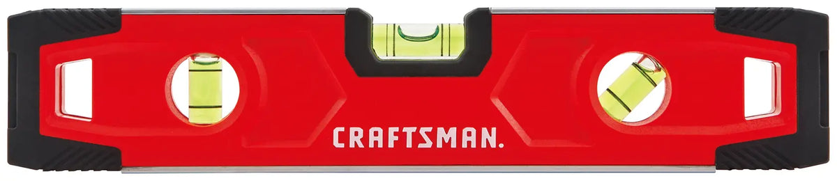 Front view photo of Craftsman red level, model CMHT43191, with three bubble vials and black end caps.