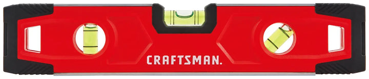 Front view photo of Craftsman red level, model CMHT43191, with three bubble vials and black end caps.