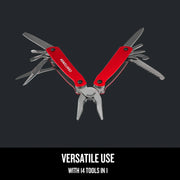 Craftsman multi-tool with red handles, pliers, blades, and other tools open, CMHT43998, front angle photo.