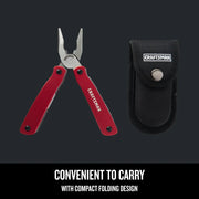 Craftsman CMHT43998 red folding multi-tool pliers with black carrying pouch, front view.