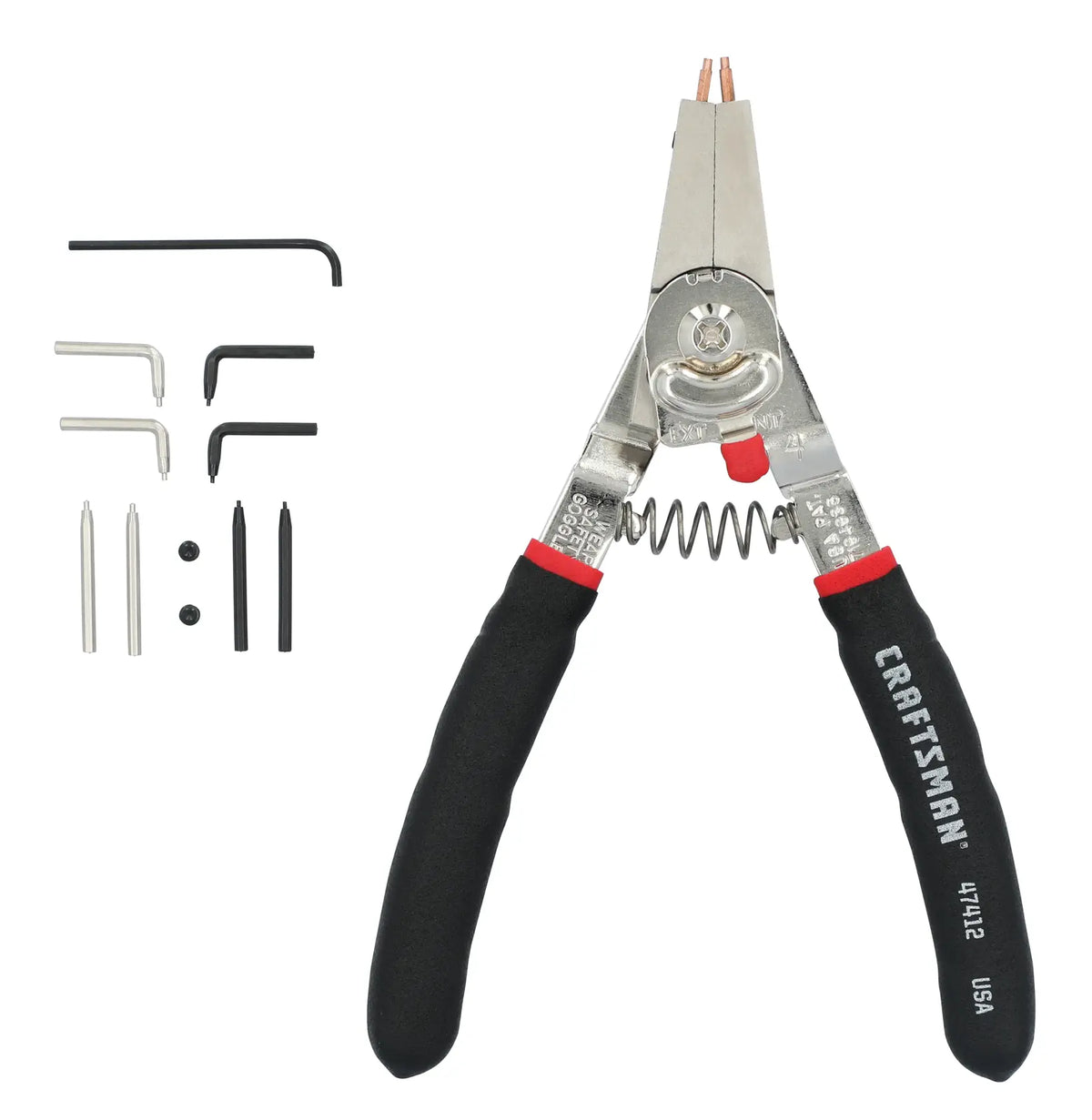 Craftsman snap ring pliers with black grips and multiple interchangeable tips, SKU CMHT47412, front angle, on white.