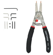 Craftsman CMHT47412 snap ring pliers with black handles and accessory kits, front angle, on white background.