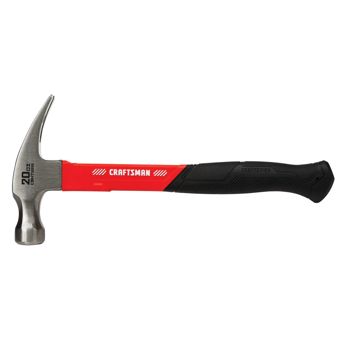 Photo of Craftsman claw hammer CMHT51399 with red and black handle, side view on white background.