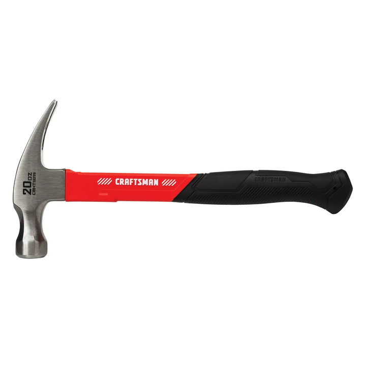 Photo of Craftsman claw hammer CMHT51399 with red and black handle, side view on white background.