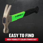Photo of Craftsman hammer CMHT51400, 16 oz, with bright green and black handle, side angle.