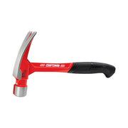 Photo of Craftsman CMHT51423 red and black claw hammer with steel head, side view on white background.