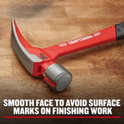Craftsman claw hammer CMHT51423 with red handle, smooth face, angled view on wood surface.