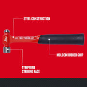 Craftsman hammer CMHT54177 with steel construction, molded rubber grip, and tempered striking face, side angle.