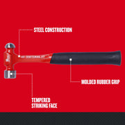 Photo of Craftsman hammer CMHT54179, steel construction and tempered striking face, side view with molded rubber grip.
