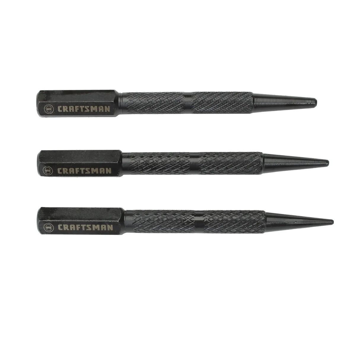 Photo of Craftsman CMHT58116 black steel punch set, three pieces, side angle, textured handles.