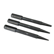 Photo of three black steel Craftsman center punches, SKU CMHT58116, tool category, on white background.