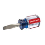 Craftsman stubby flathead screwdriver with clear and blue handle, red label, SKU CMHT65013, side angle, white background.