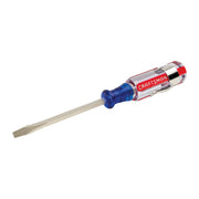 Photo of Craftsman flathead screwdriver CMHT65017 with clear red and blue handle, side angle, on white background.