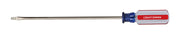 Photo of Craftsman CMHT65019 slotted screwdriver with a long steel shaft and red, clear, and blue handle, side angle.