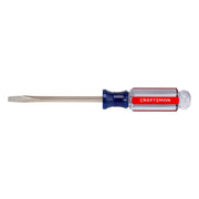 Photo of CRAFTSMAN CMHT65021 flathead screwdriver, clear and blue handle with red CRAFTSMAN label, side angle.