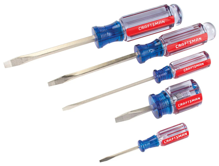 Craftsman CMHT65032 flathead screwdriver set with five tools, blue and red handles, side angle photo.