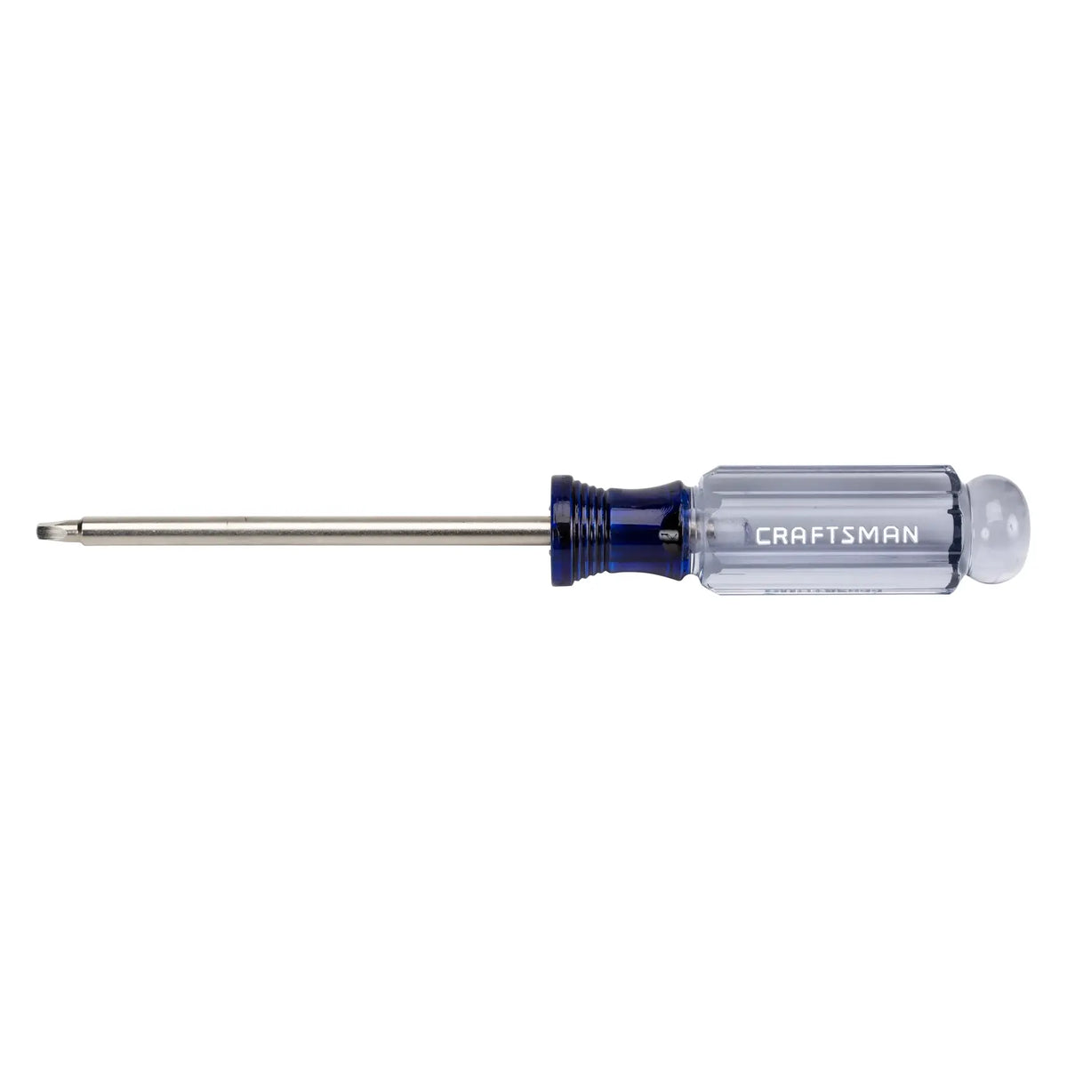 Craftsman CMHT65033 Phillips screwdriver with clear and blue handle, side view on white background.