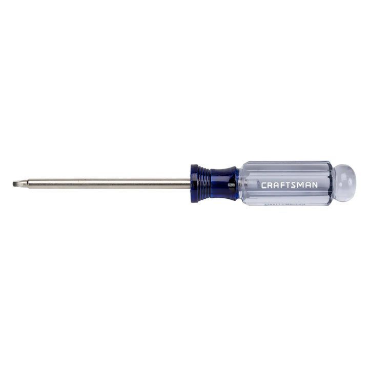 Craftsman CMHT65033 Phillips screwdriver with clear and blue handle, side view on white background.