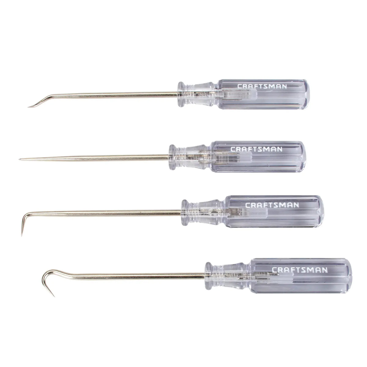 Photo of Craftsman CMHT65048 set of four metal pick tools with clear handles, side angle on white background.