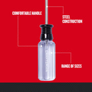 Photo of Craftsman screwdriver CMHT65049 with clear handle, steel shaft, and labeled features on red background, front angle.