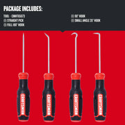 Photo of Craftsman CMHT65073 graphics set with four pick and hook tools, black and red handles, front angle.