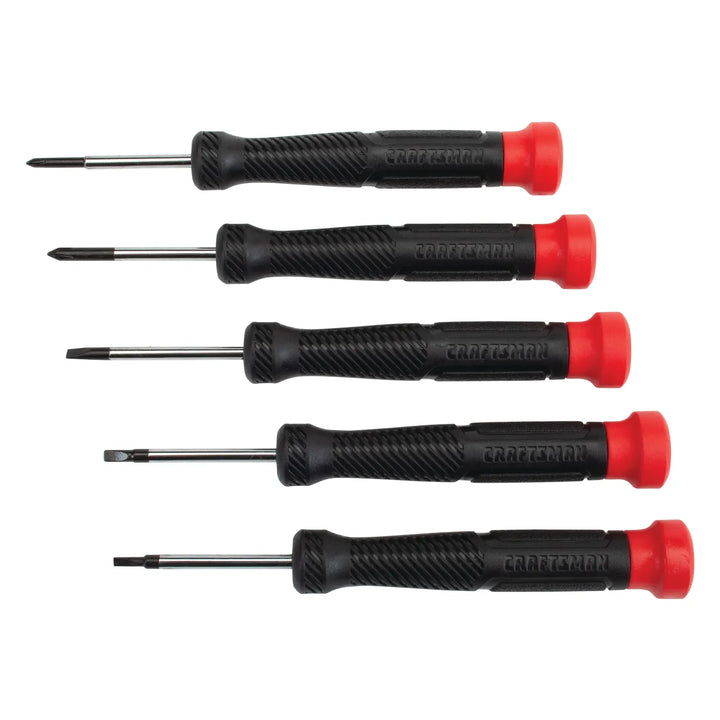Craftsman CMHT65074 precision screwdriver set with black textured handles and red caps, five pieces, photography, side angle.