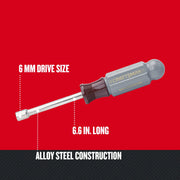 Craftsman CMHT65115 nut driver, 6 mm drive, 6.6 in long, alloy steel, side angle on white background.