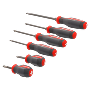 A set of six screwdrivers with black and red handles, displayed on a white background. The set includes both flathead and Phillips head screwdrivers, and the handles are labeled with the brand name and tip type.