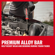 Gloved hand uses a CRAFTSMAN screwdriver on a car engine. Text highlights premium alloy bar resisting wear and bending.