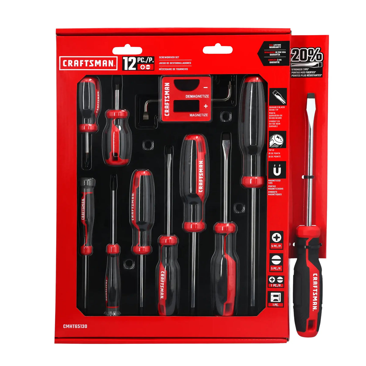Photo of Craftsman screwdriver set CMHT65130, 12 pieces with red and black handles, front angle, white background.