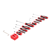 Photo of Craftsman screwdriver set CMHT65130, red and black handles, flat and Phillips types, top view on white.