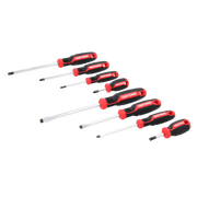 Photo of Craftsman screwdriver set CMHT65131, eight red and black screwdrivers on white background, angled view.