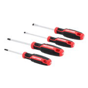 Photo of Craftsman screwdriver set CMHT65132, four black and red screwdrivers on white background, angled view.
