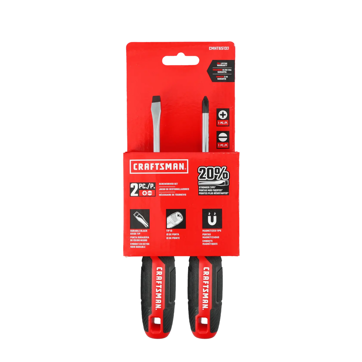 Photo of Craftsman screwdriver set CMHT65133, flathead and Phillips, black and red handles, front angle.
