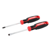 Photo of Craftsman CMHT65133 screwdriver set, black and red handles, flat and Phillips tips, side view.