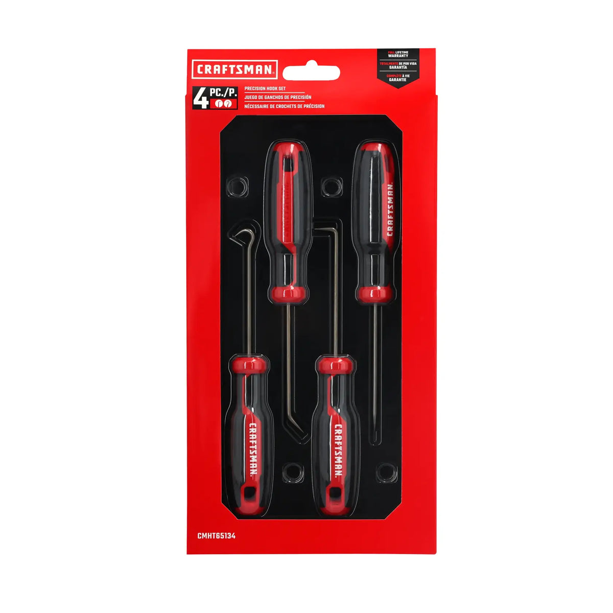 Photo of Craftsman hook and pick tool set with black and red handles, SKU CMHT65134, front angle.