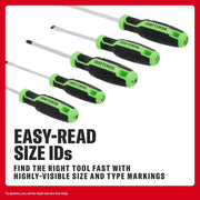 Five CRAFTSMAN screwdrivers with green grips and visible size markings, arranged with handles toward the viewer.