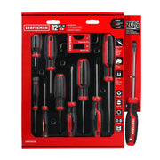 Craftsman screwdriver set CMHT65139, ten screwdrivers, one hex key, one red holder, front angle, white background.